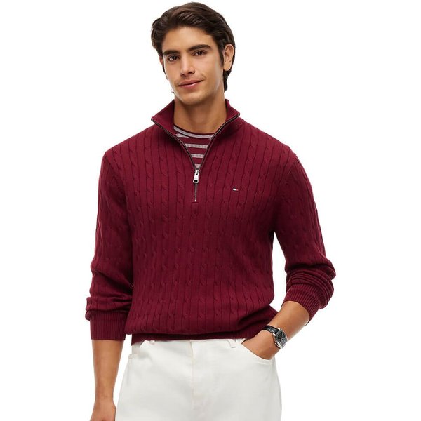 Tommy Hilfiger Mens Cable Knit Quarter-Zip Jumper - Burgundy - XL