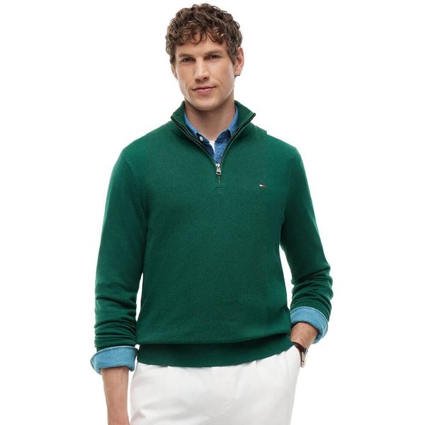 Tommy Hilfiger Mens Mock Neck Quarter-Zip Jumper With Cashmere - Ornamental Green Heather - S