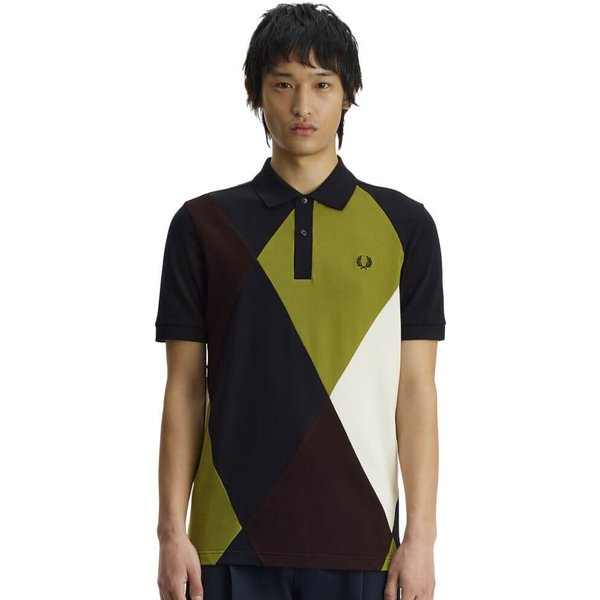 Fred Perry Mens Offset Argyle Cut&Sew Polo Shirt - Black - M