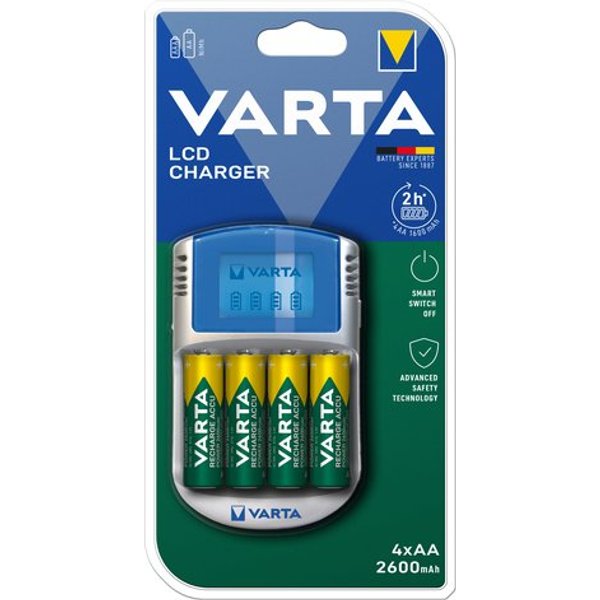 Varta LCD Charger AA & AAA (Batterie Ricaricabili Nimh Incl. 4X AA 2600 Mah Accu & AC Adattatore & 12 V Adattatore & Cavo Usb),Grigio-image