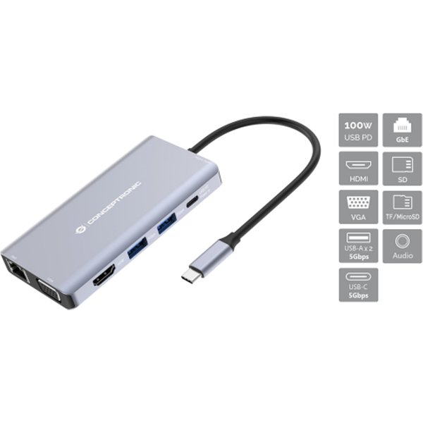 Conceptronic DONN20G Replicatore Di Porte E Docking Station Per Laptop Cablato USB 3.2 Gen 1 (3.1 Gen 1) Type-C Grigio-image