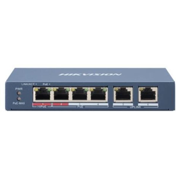 Switch Hikvision L2, Unmanaged, 4 10/100M RJ45 Poe Ports, 2 10/100M RJ45 Uplink Ports, 802.3Af/At/Bt, Port 1 Support Hi-Poe 60W-image