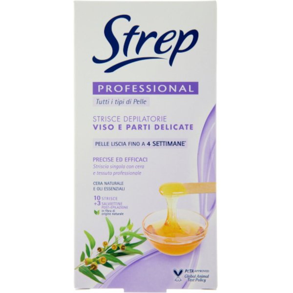 Strep Professionale Strisce Depilatorie Viso PZ.10 + 4 Salviettine Cera Naturale, Karite' E Vitamina E-image