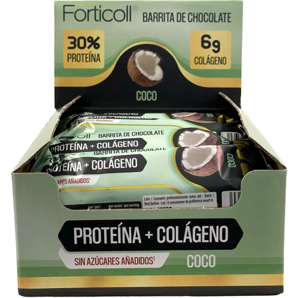 Forticoll Barrita de Chocolate de Proteína + Colágeno Coco Caja 12 Unidades