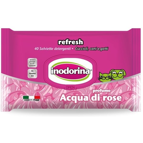 Inodorina Salviette Detergenti Per Animali - Profumo Acqua Di Rose - 40 Salviette-image