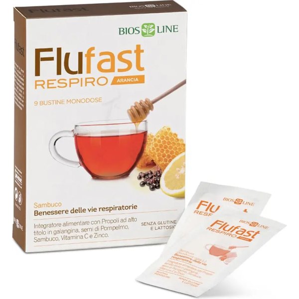 Flufast Respiro 9 Bustine Gusto Arancia - Integratore Per Il Benessere Delle Vie Respiratorie-image