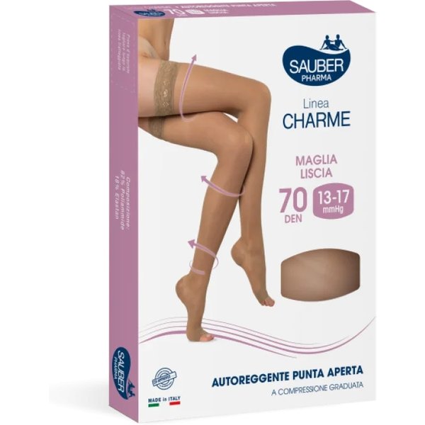 Sauber Linea Charme - Calze Autoreggenti Punta Aperta Maglia Liscia 70 Den (13-17 Mmhg)Taglia 3 Neutro Beige-image
