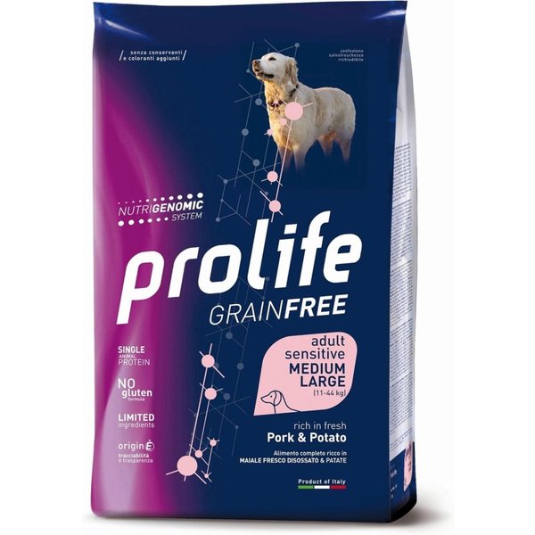 Prolife Cane Grainfree Adult Sensitive Maiale E Patate - Alimento Completo Per Cani Adulti Sensibili M/L 10 Kg-image