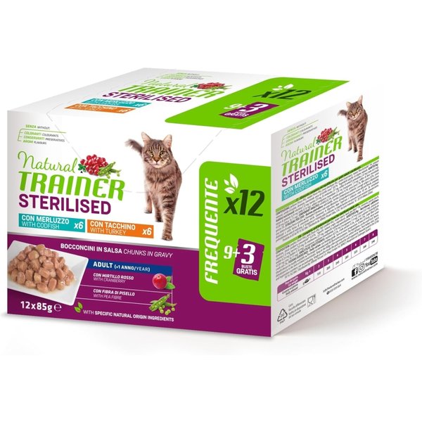 Natural Trainer Merluzzo E Tacchino - Alimento Completo Per Gatti Adulti Sterilizzati 12 Bustine Da 85 Gr-image