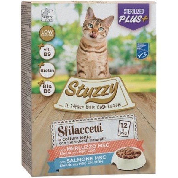 Stuzzy Multipack Sfilaccetti Sterilized Salmone E Merluzzo - Alimento Completo Per Gatti Sterilizzati 12 X 85 Gr-image