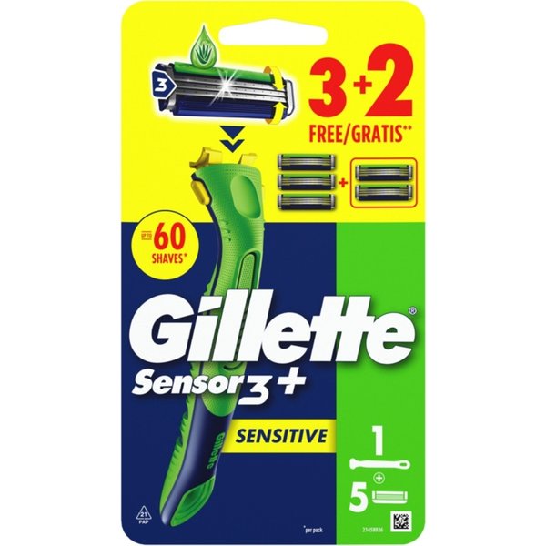 Gillette Sensor3 + Sensitive - Rasoio Da Uomo Per Pelli Sensibili Con 3 Lame, 1 Manico + 5 Lamette-image