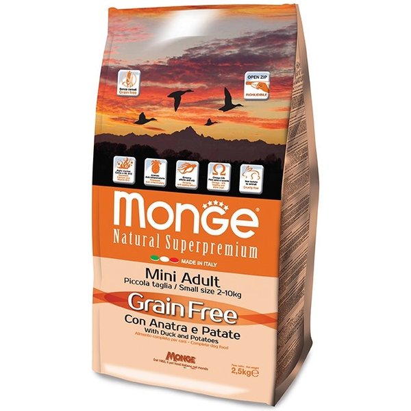 Monge Natural Superpremium Grain Free Adult Mini Con Anatra E Patate Mangime Cibo Secco Per Cani 2,5 Kg-image