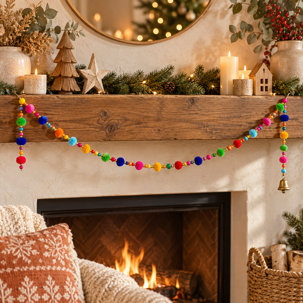 160cm Multicoloured Pom-Pom & Bead String with Lucky Bell - Handmade Fair Trade