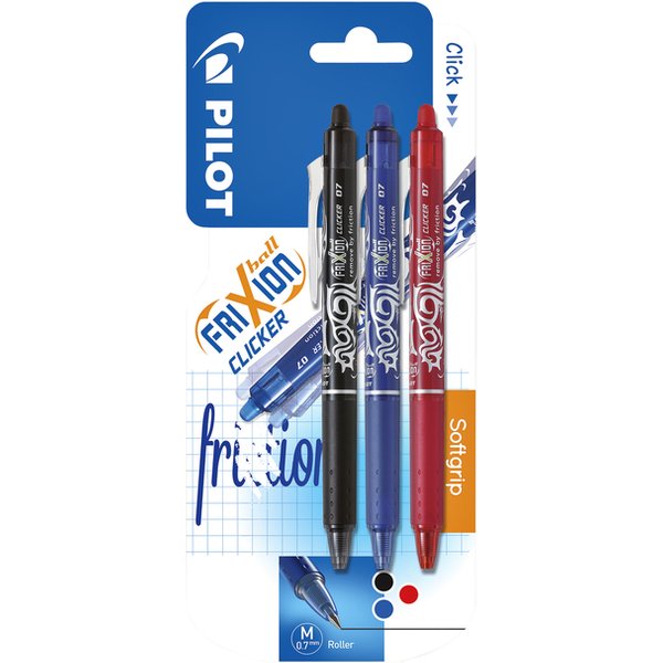 Rollerpen PILOT friXion clicker medium assorti blister à 3 stuks