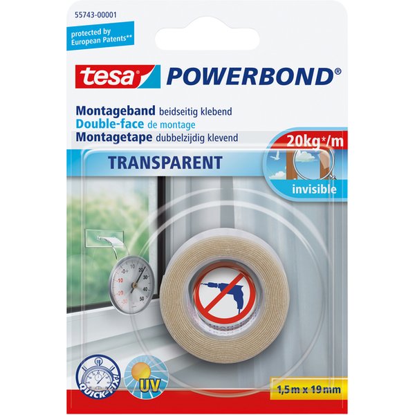 Montagetape tesa® Powerbond dubbelzijdig 1,5mx19mm transparant
