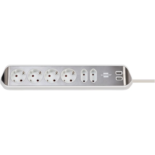 Stekkerdoos Brennenstuhl bureau Estilo 6 voudig inclusief 2 USB 200cm wit/zilver
