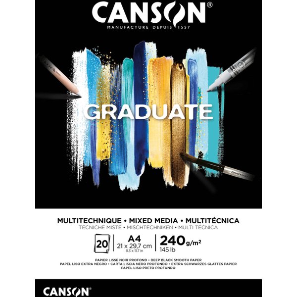 Tekenblok Canson Graduate Mixed Media black paper A4 20vel 240gr