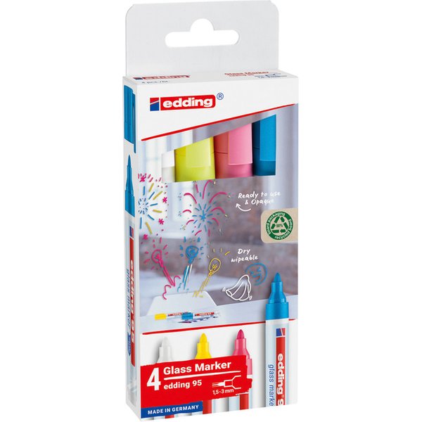 Viltstift edding 95 glasbord rond 1.5-3mm inclusief wit assorti set à 4 stuks