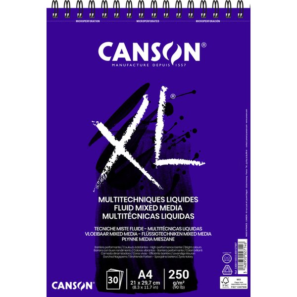 Tekenblok Canson XL Fluid Mixed Media A4 30vel 250gr