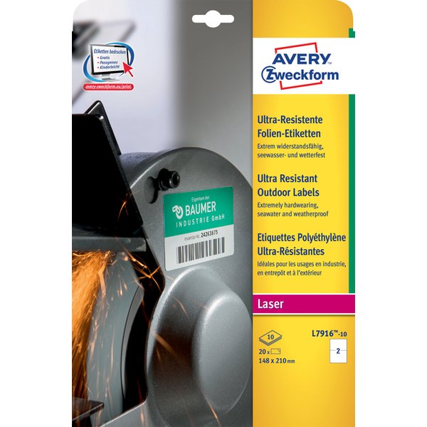 Etiket Avery L7916-10 210x148mm polyethyleen wit 20 stuks