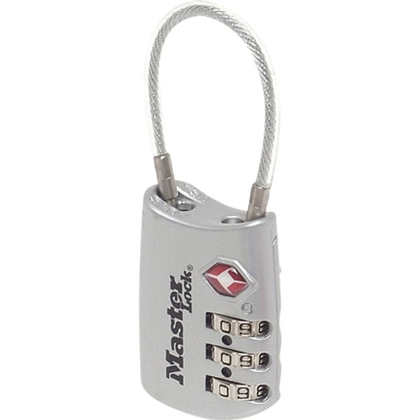 Hangslot Masterlock 3-cijfer combinatie TSA met kabel assorti in willekeurige kleur 30mm