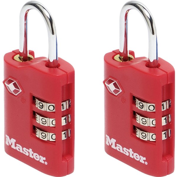 Hangslot Masterlock 3-cijfer combi TSA set van 2 sloten assorti in willekeurige kleur 30mm
