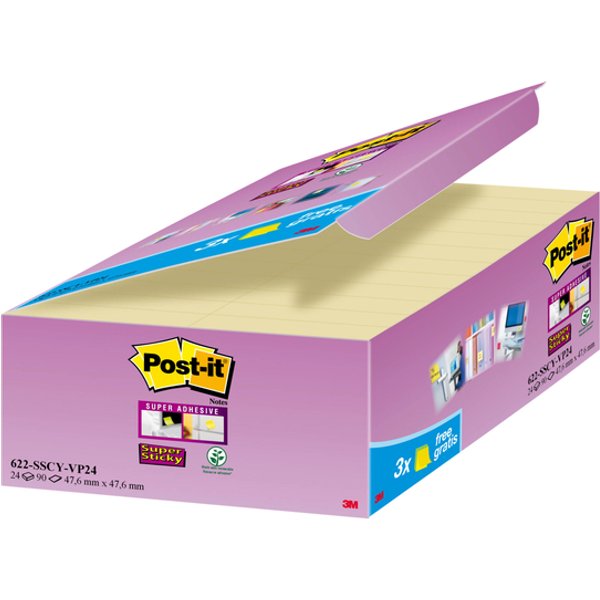 Memoblok 3M Post-it 622 Super Sticky 47.6x47.6mm geel 21 + 3 gratis
