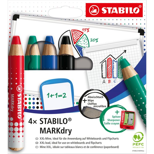 Whiteboardpotlood STABILO MARKdry 648/4 inclusief slijper en microvezeldoek assorti etui à 4 stuks