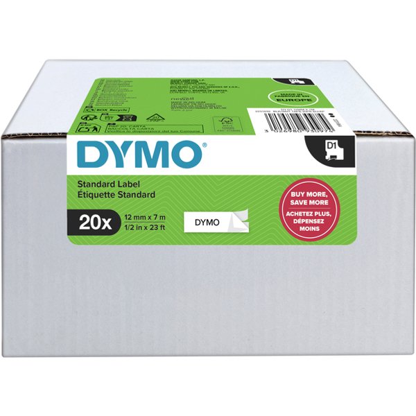 Labeltape Dymo LabelManager D1 polyester 12mmx7m zwart op wit 20 stuks