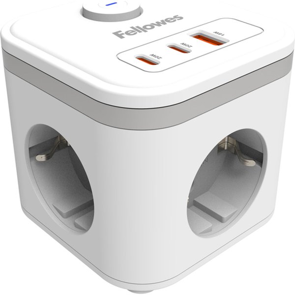 Stekkerblok Fellowes Power Cube F 3 voudig 1xUSB A 2xUSB C 2 meter wit