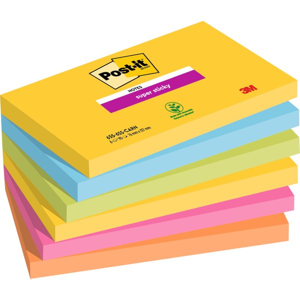 Memoblok Post-it 655 Super Sticky 76x127mm Carnival 6 stuks
