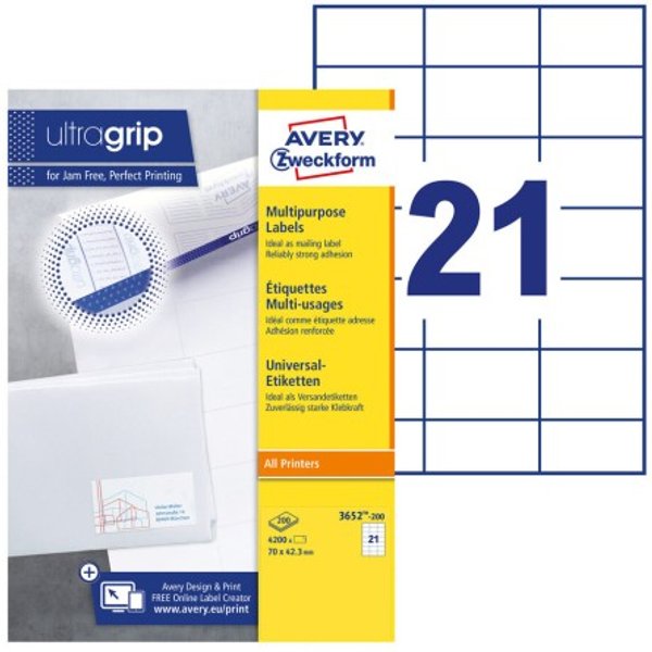 Etiket Avery 3652-200 70x42.3mm wit 4200 stuks