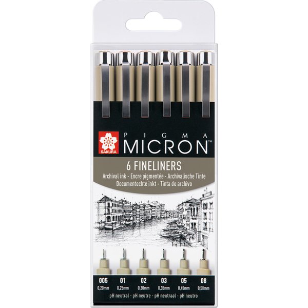 Fineliner Sakura Pigma Micron set à 6 schrijfbreedtes zwart