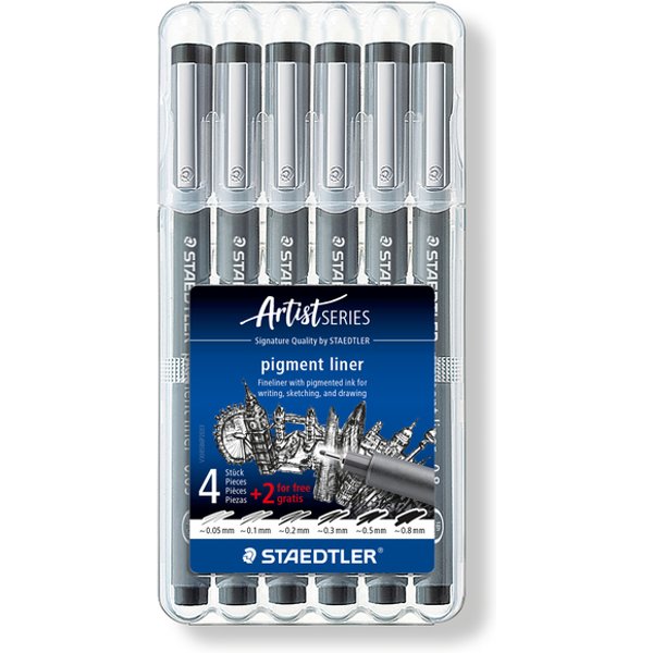 Fineliner Staedtler Pigment 308 zwart set 4+2 gratis