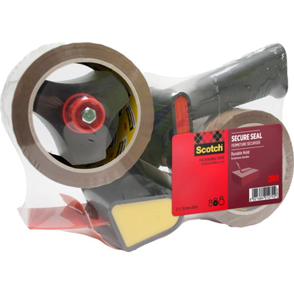 Verpakkingstape dispenser Scotch met 2 rollen Secure seal tape 50mmx66m bruin