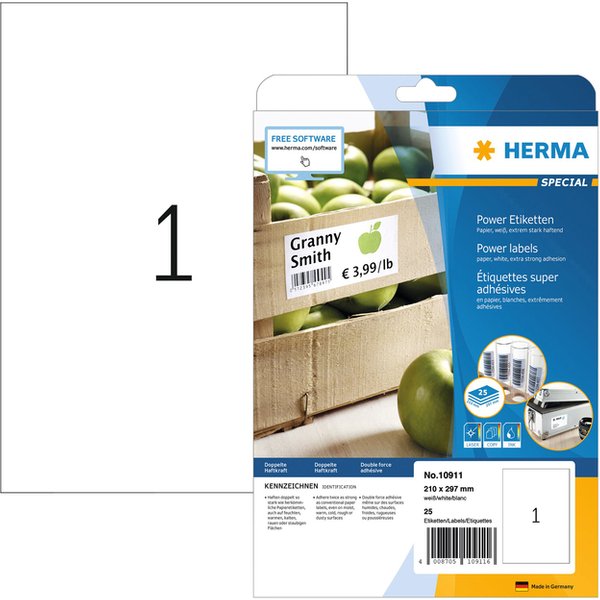 Etiket HERMA Power 10911 210x297mm wit 25 stuks