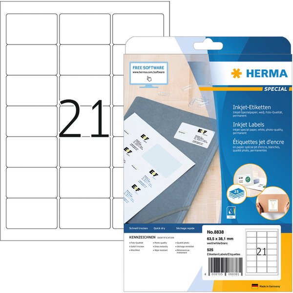 Etiket HERMA 8838 63.5x38.1mm mat wit 525 stuks