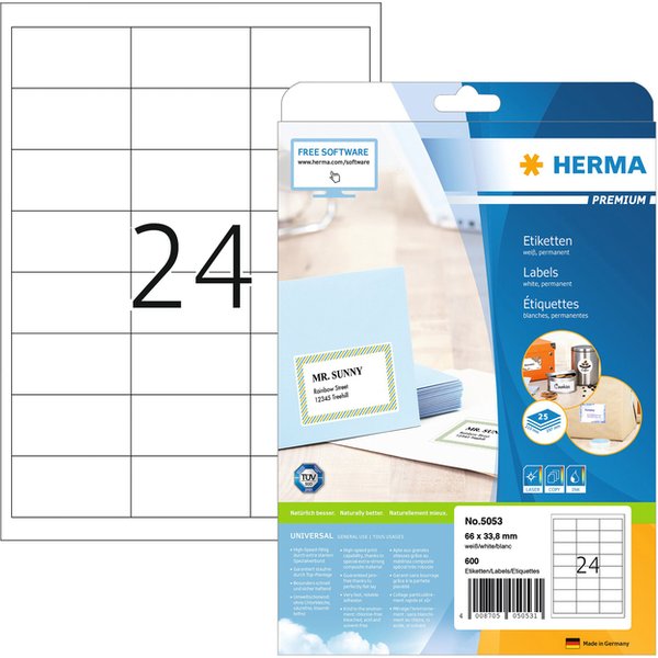 Etiket HERMA 5053 66x33.8mm premium wit 600 stuks