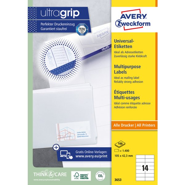 Etiket Avery 3653 105x42.3Mm wit 1400 stuks