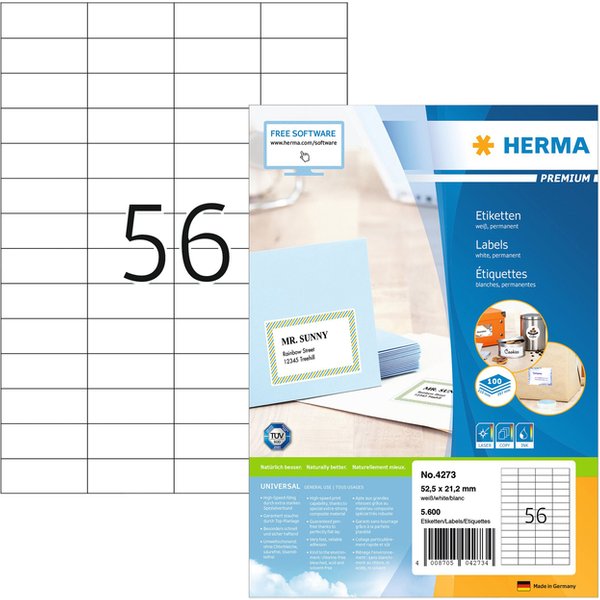 Etiket HERMA 4273 52.5x21.2mm premium wit 5600 stuks