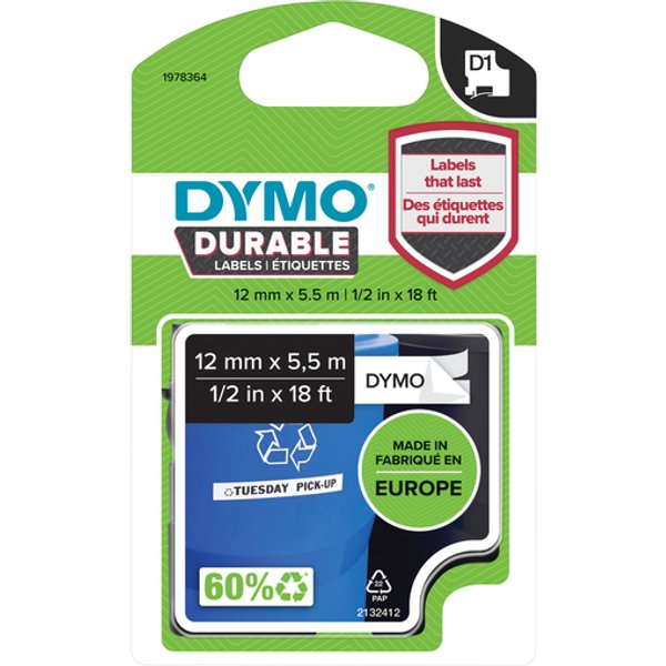 Labeltape Dymo LabelManager D1 polyester 12mm duurzaam zwart op wit