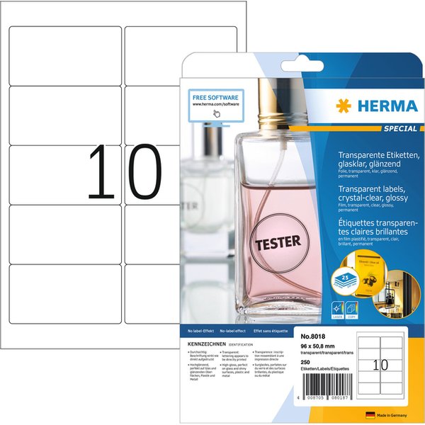 Etiket HERMA 8018 96x50.8mm transparant 250 stuks