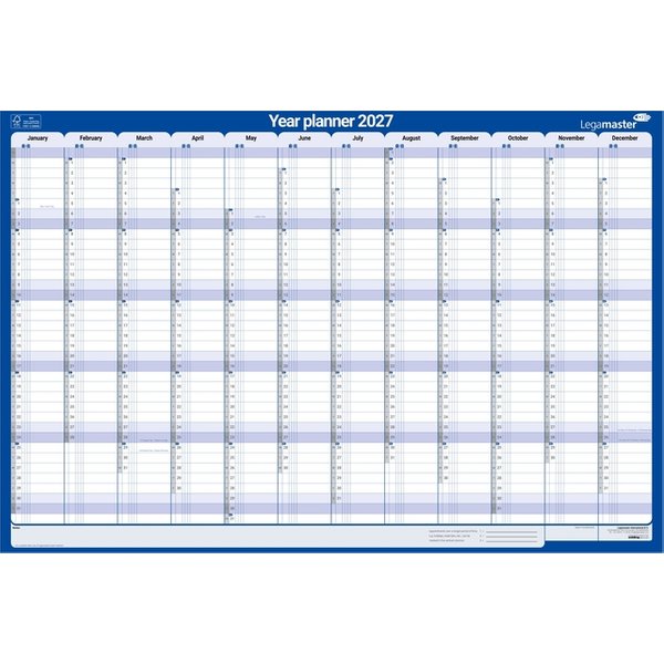Jaarplanner 2027 Legamaster 1 persoon 90x60cm horizontaal gelamineerd Engelstalig