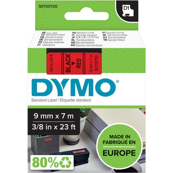 Labeltape Dymo LabelManager D1 polyester 9mm zwart op rood