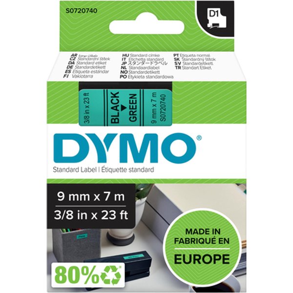Labeltape Dymo LabelManager D1 polyester 9mm zwart op groen