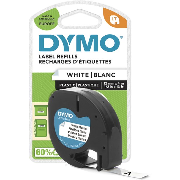 Labeltape Dymo LetraTag plastic 12mm zwart op wit