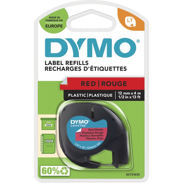 Labeltape Dymo LetraTag plastic 12mm zwart op rood