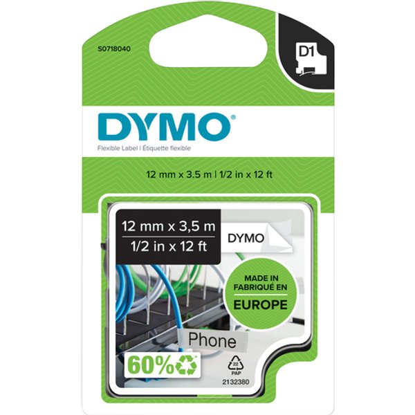 Labeltape Dymo LabelManager D1 nylon 12mm zwart op wit