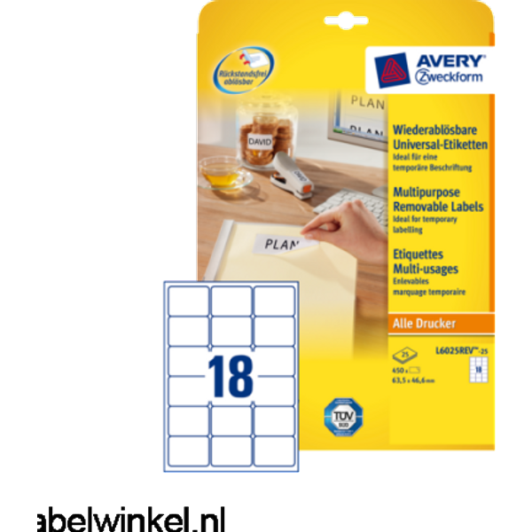 Etiket Avery L6025REV-25 63.5x46.6mm wit 450 stuks