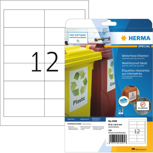 Etiket HERMA 4595 97x42.3mm folie wit 120 stuks